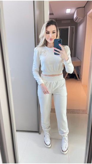Blusa Bordada Moletom Mia Off-White