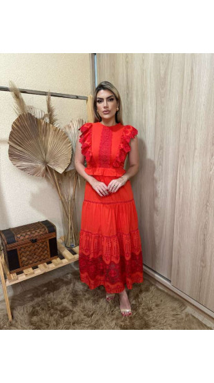 Vestido Renda Midi Vermelho