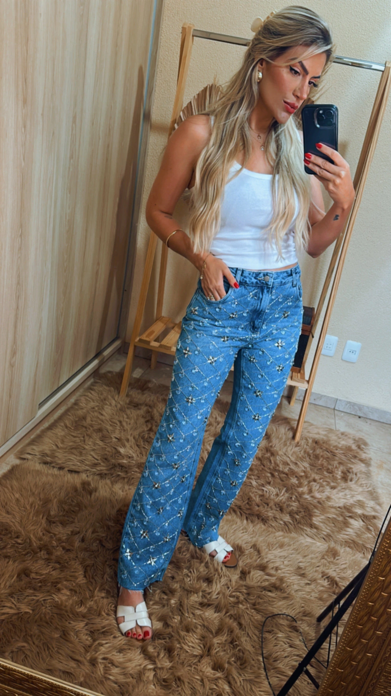 Calça Jeans Bordada Reta