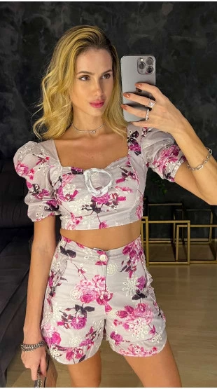 Cropped Laise Agatha Cinza e Rosa