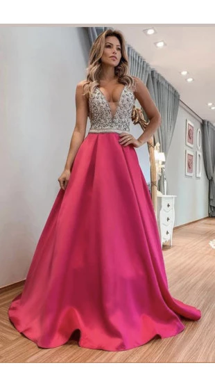Aluguel - Vestido Pink com Prata Longo Rodado