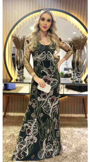 Aluguel - Vestido Bordado Verde Escuro Longo Patbo
