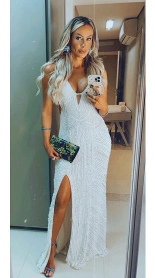 Aluguel - Vestido Branco Longo Paetê
