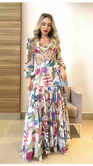 Aluguel - Vestido Estampado Tiras Longo Patbo
